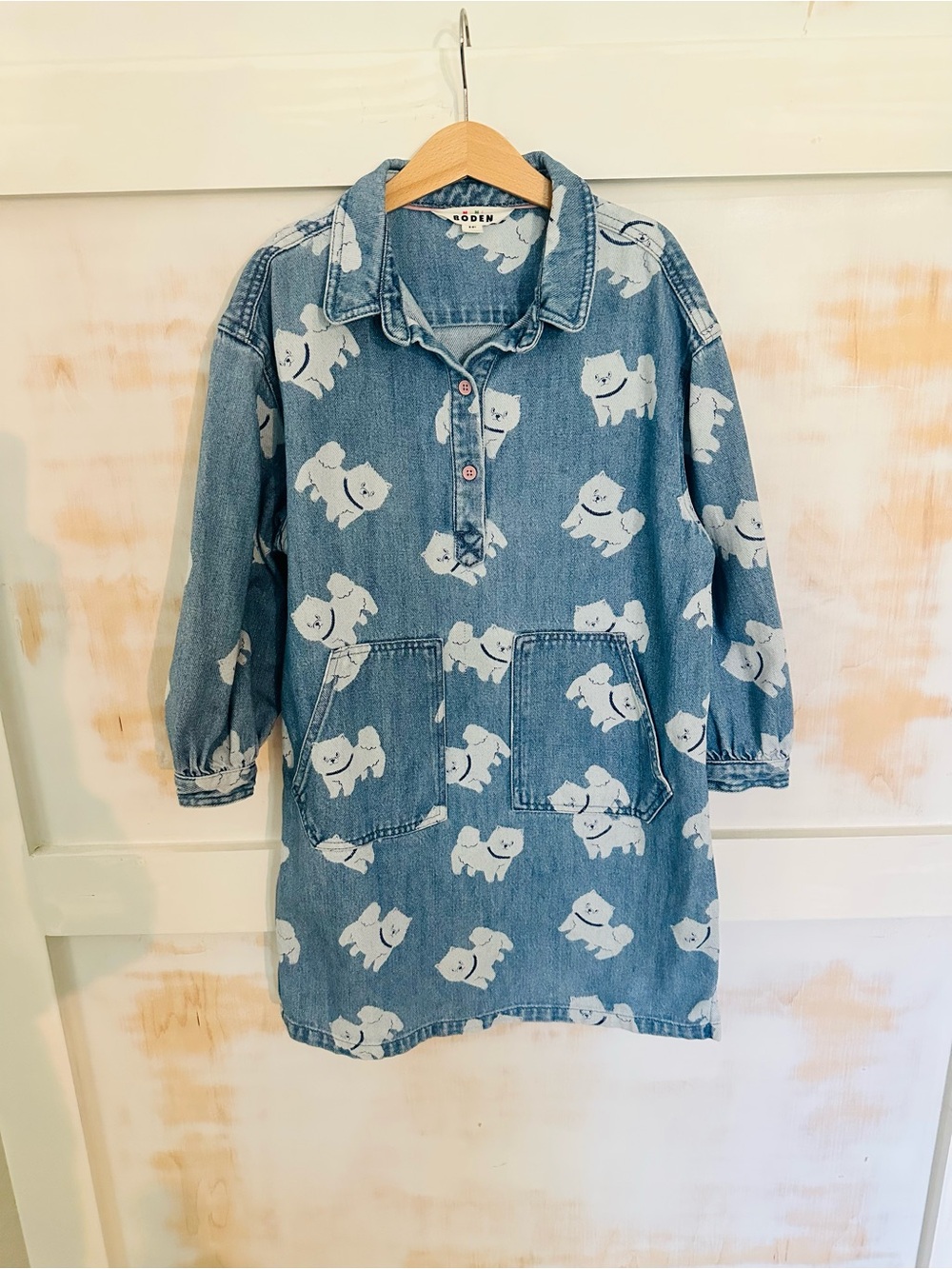 Mini Boden Blue Denim Dress with White Puppy Print